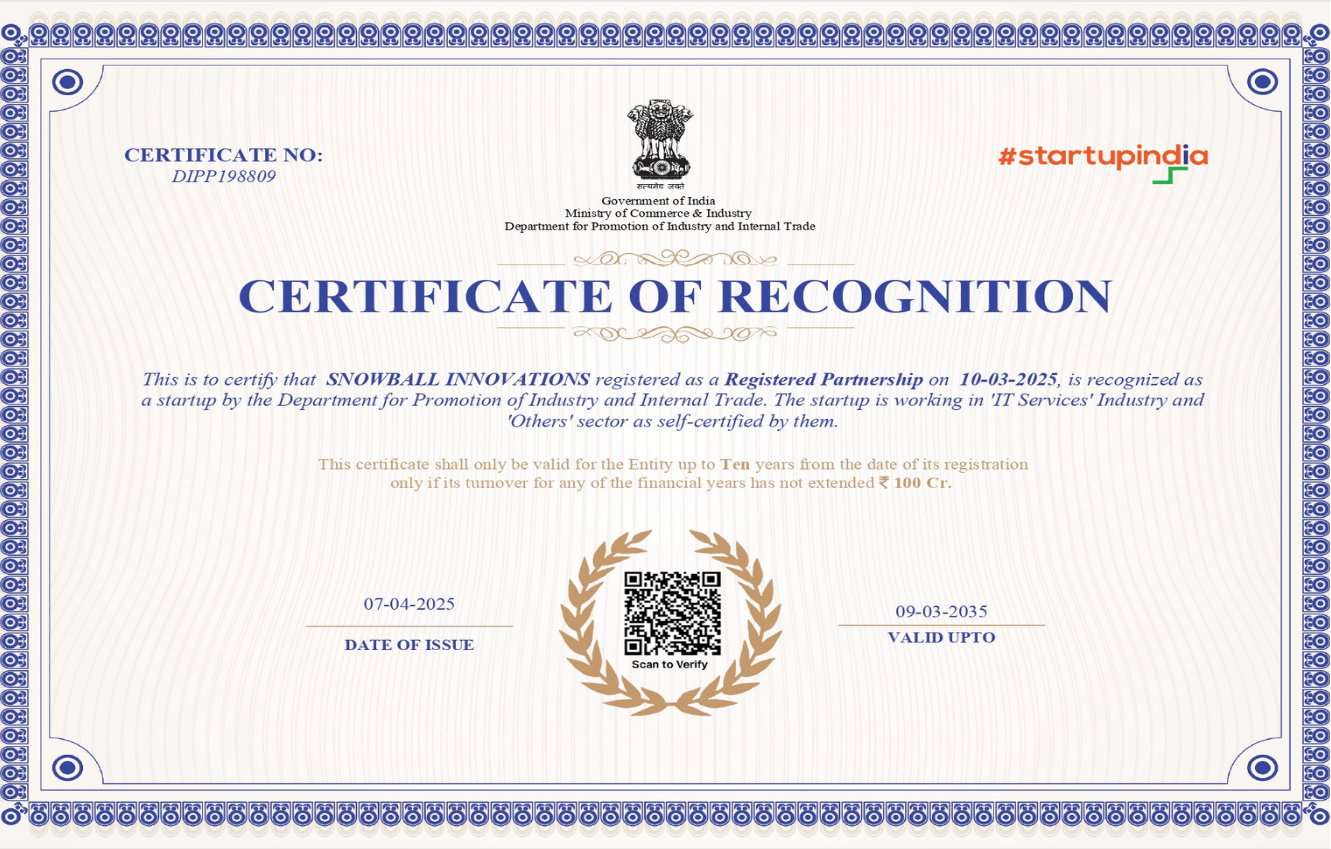 Startup India · DPIIT — Certificate of Recognition